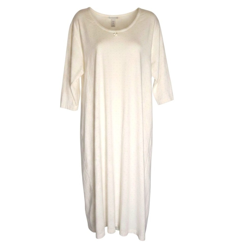 LL Bean Vintage 100% Cotton Nightgown Cream Polka Dot AoP 3/4 Sleeve XL Regular